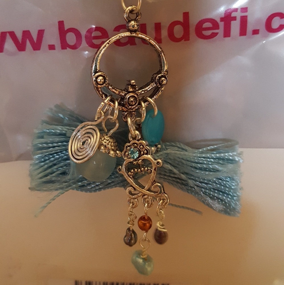 6pc Greek ward off evil silver bead tassel rhinestone symbol charm necklace NW